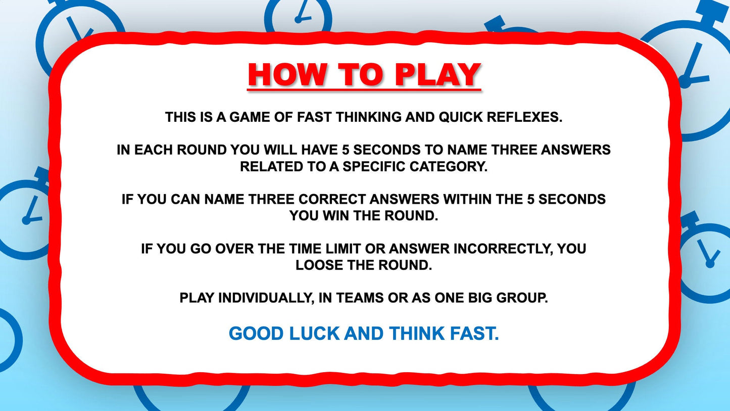 Rules for the 5 Second Game for PowerPoint Party Game